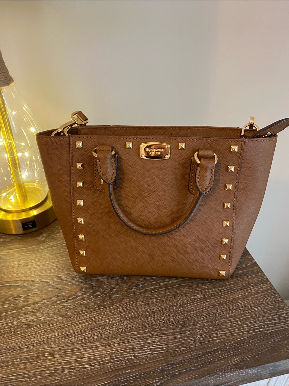 Michael Kors Brown Studded Saffiano Leather Mini Satchel with Gold Hardware!